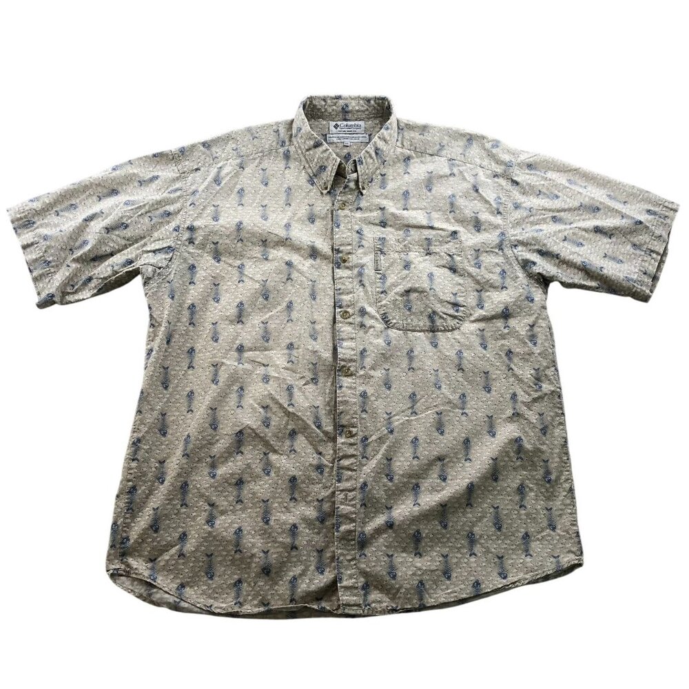 Columbia Men's Shirt Size XXL Short Sleeve Button Up Fish Bone Print Beige Casua